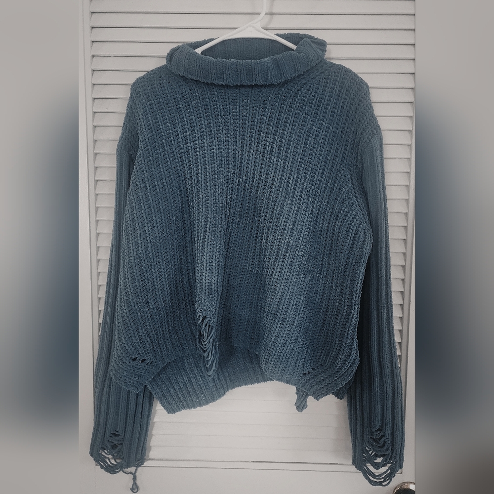 NWT POL Distressed Chunky Knit Sweater | Dusty Tourquoise | Boho  | Small
